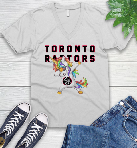 Toronto Raptors NBA Basketball Funny Unicorn Dabbing Sports V-Neck T-Shirt