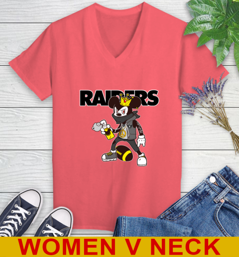 Oakland Raiders NFL Football Mickey Peace Sign Sports Women's V-Neck T-Shirt 7