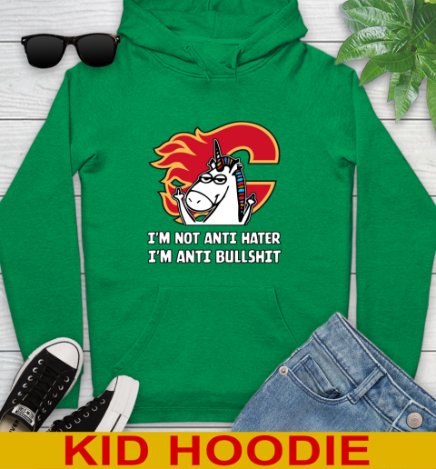 Calgary Flames NHL Hockey Unicorn I'm Not Anti Hater I'm Anti Bullshit Youth Hoodie 8