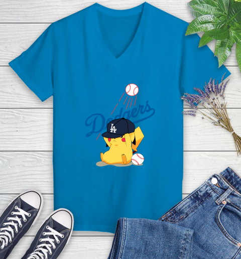 MLB Pikachu Baseball Sports Los Angeles Dodgers Women's V-Neck T-Shirt 7