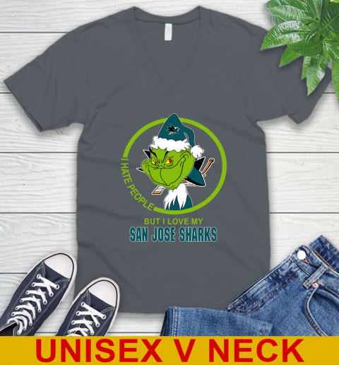 San Jose Sharks NHL Christmas Grinch I Hate People But I Love My Favorite Hockey Team V-Neck T-Shirt 5