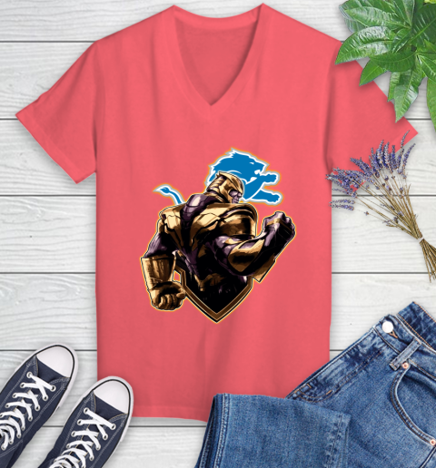NFL Thanos Avengers Endgame Football Sports Detroit Lions Women's V-Neck T-Shirt 6