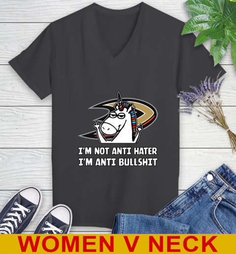 Anaheim Ducks NHL Hockey Unicorn I'm Not Anti Hater I'm Anti Bullshit Women's V-Neck T-Shirt 9