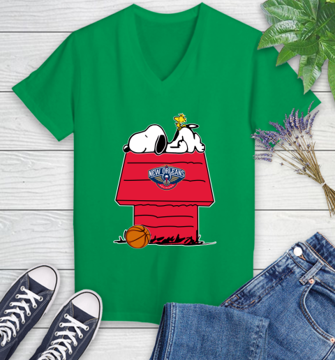 New Orleans Pelicans NBA Basketball Snoopy Woodstock The Peanuts Movie Women's V-Neck T-Shirt 5