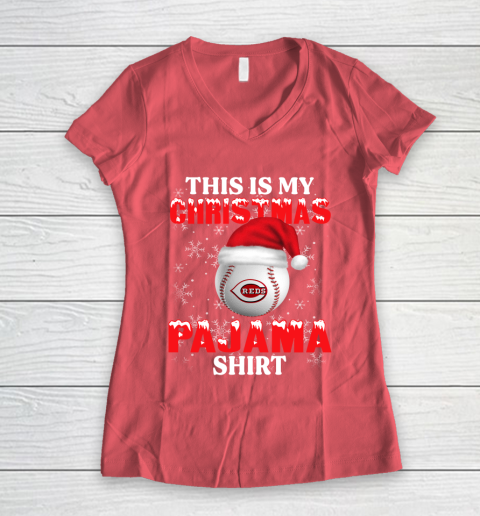 Cincinnati Reds This Is My Christmas Pajama Shirt MLB Women's V-Neck T-Shirt 4