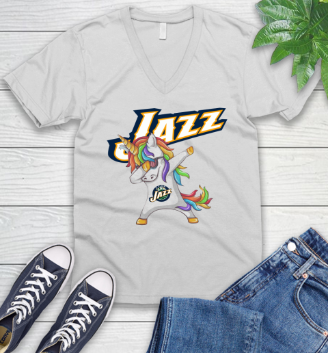 Utah Jazz NBA Basketball Funny Unicorn Dabbing Sports V-Neck T-Shirt