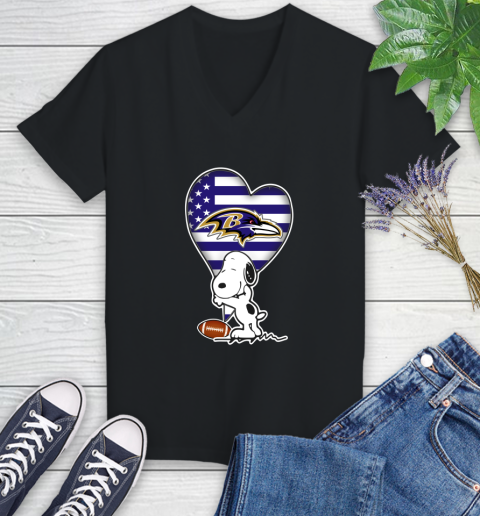 Baltimore Ravens NFL Football The Peanuts Movie Adorable Snoopy Women's V-Neck T-Shirt 2