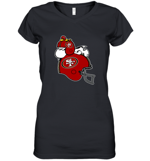 5dqu snoopy and woodstock resting on san francisco 49ers helmet women v neck t shirt 39 front black