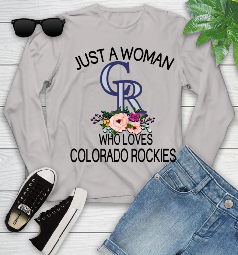 MLB Just A Woman Who Loves Colorado Rockies Baseball Sports Youth Long Sleeve 9