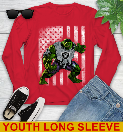 Oakland Raiders Hulk Marvel Avengers NFL Football American Flag Youth Long Sleeve 11