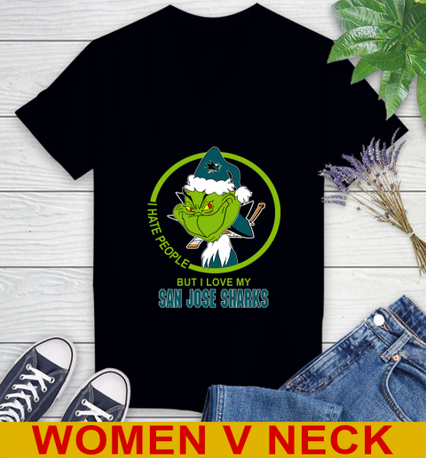 San Jose Sharks NHL Christmas Grinch I Hate People But I Love My Favorite Hockey Team Women's V-Neck T-Shirt 2