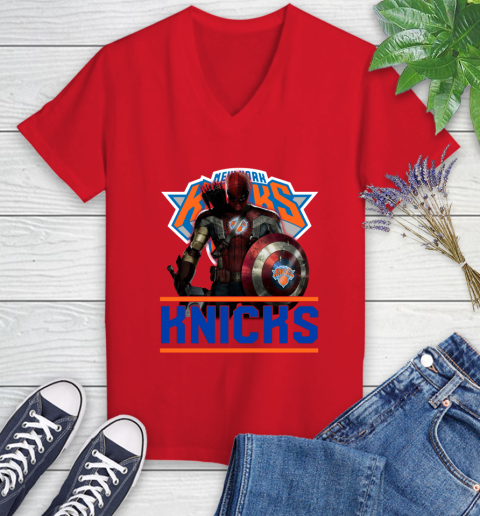 New York Knicks NBA Basketball Captain America Thor Spider Man Hawkeye Avengers Women's V-Neck T-Shirt 12