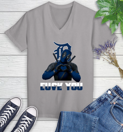 MLB Detroit Tigers Deadpool Love You Fuck You Baseball Sports Women's V-Neck T-Shirt 4