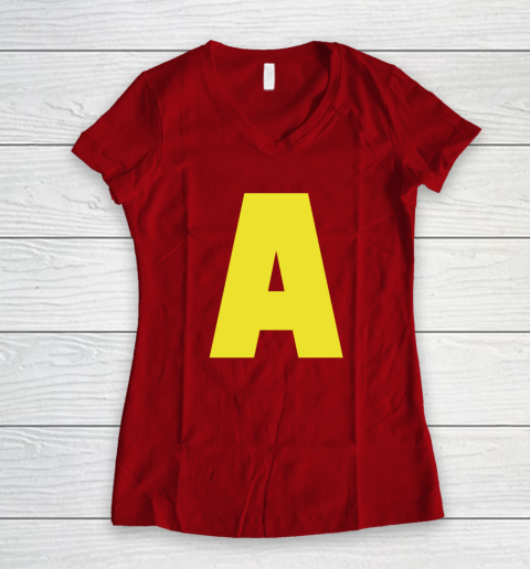 Yellow A On Red For Alvin Halloween Costume Women's V-Neck T-Shirt 6