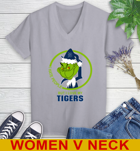 Detroit Tigers MLB Christmas Grinch I Hate People But I Love My Favorite Baseball Team Women's V-Neck T-Shirt 5