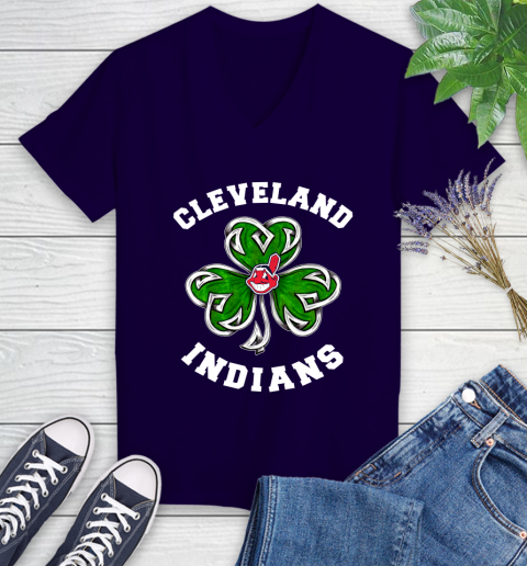 MLB Cleveland Indians Three Leaf Clover St Patrick's Day Baseball Sports Women's V-Neck T-Shirt 3