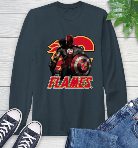 NHL Captain America Thor Spider Man Hawkeye Avengers Endgame Hockey Calgary Flames Long Sleeve T-Shirt 8