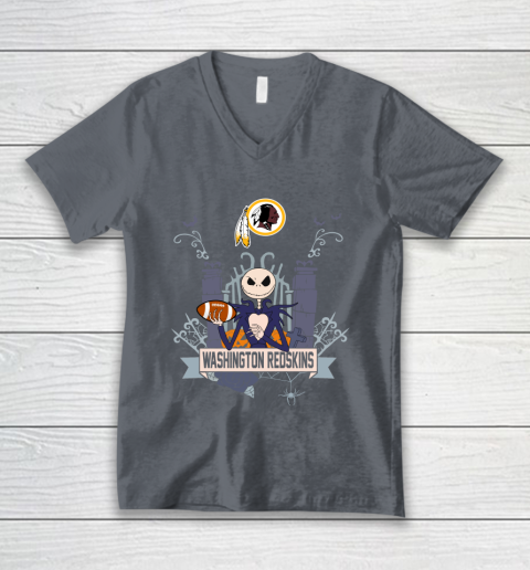 NFL Washington Redskins Football Jack Skellington Halloween V-Neck T-Shirt 4