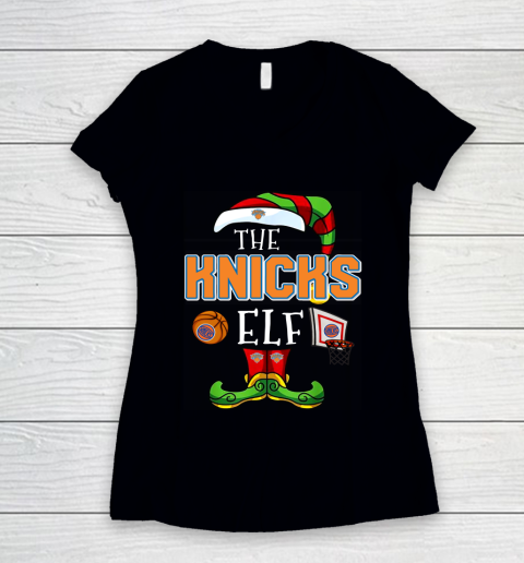 New York Knicks Christmas ELF Funny NBA Women's V-Neck T-Shirt