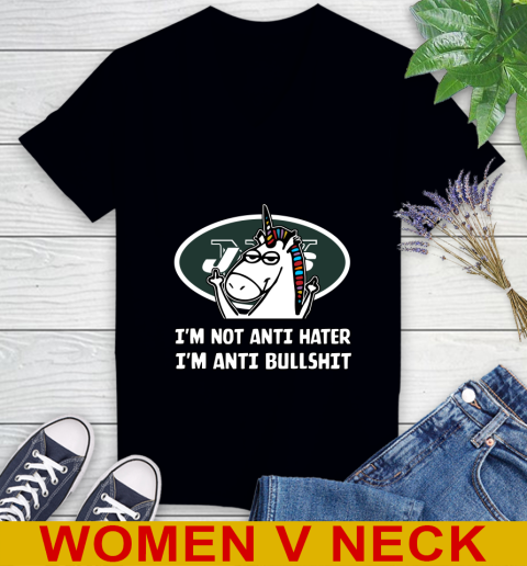 New York Jets NFL Football Unicorn I'm Not Anti Hater I'm Anti Bullshit Women's V-Neck T-Shirt 2