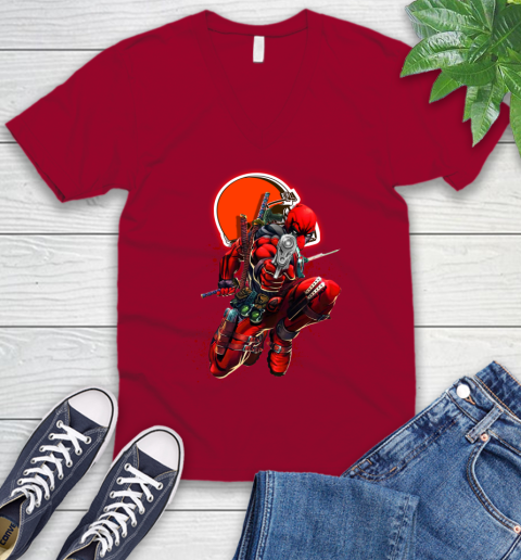 NFL Deadpool Marvel Comics Sports Football Cleveland Browns V-Neck T-Shirt 8