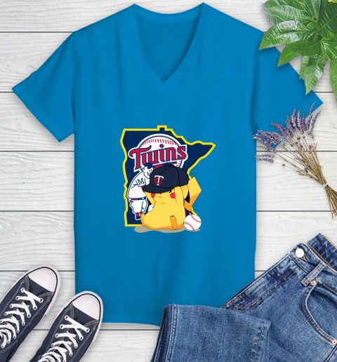 MLB Pikachu Baseball Sports Minnesota Twins Women's V-Neck T-Shirt 7