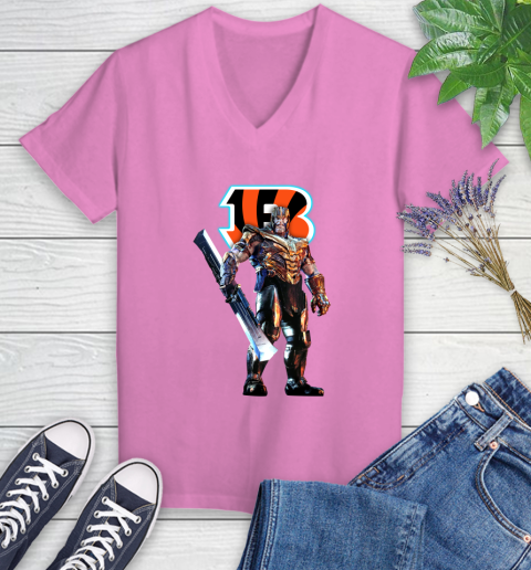 NFL Thanos Gauntlet Avengers Endgame Football Cincinnati Bengals Women's V-Neck T-Shirt 14