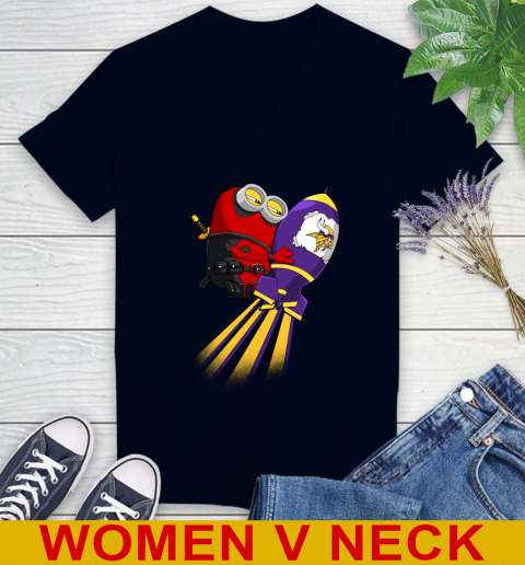 NFL Football Minnesota Vikings Deadpool Minion Marvel Shirt Women's V-Neck T-Shirt 2