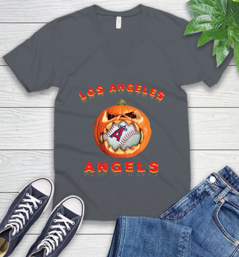 MLB Los Angeles Angels Halloween Pumpkin Baseball Sports V-Neck T-Shirt 5