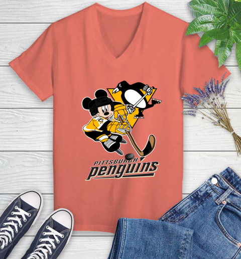 NHL Pittsburgh Penguins Mickey Mouse Disney Hockey T Shirt Women's V-Neck T-Shirt 6