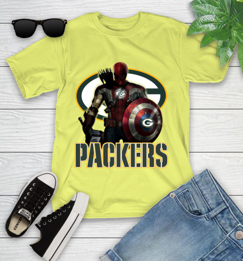NFL Captain America Thor Spider Man Hawkeye Avengers Endgame Football Green Bay Packers Youth T-Shirt 8
