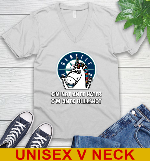Seattle Mariners MLB Baseball Unicorn I'm Not Anti Hater I'm Anti Bullshit V-Neck T-Shirt