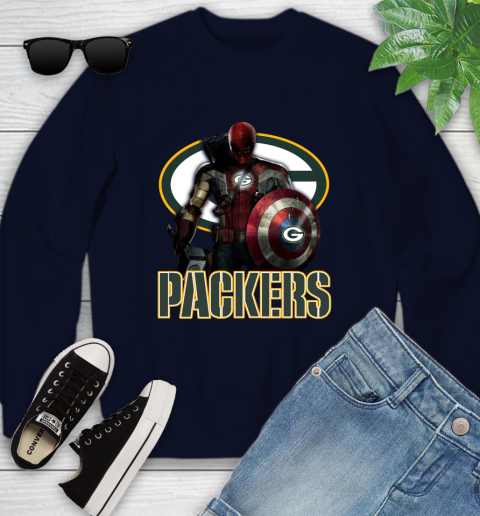 NFL Captain America Thor Spider Man Hawkeye Avengers Endgame Football Green Bay Packers Youth Sweatshirt 3