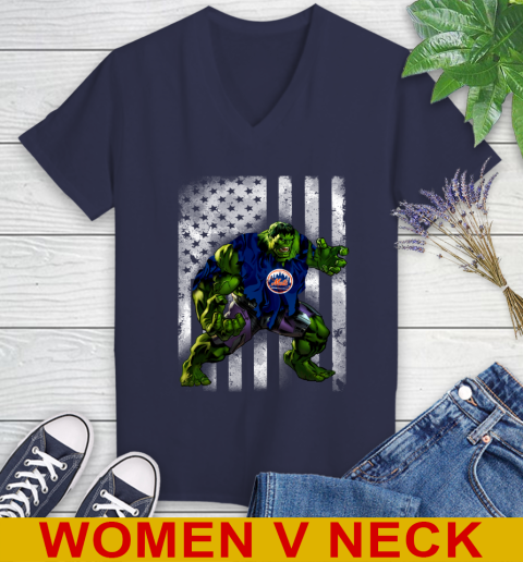 New York Mets Hulk Marvel Avengers MLB Baseball American Flag Women's V-Neck T-Shirt 12