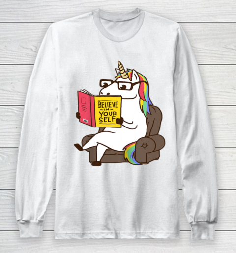 Unicorn Shirt Believe in Yourself Motivational Book Lover Long Sleeve T-Shirt 2
