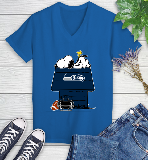 Seattle Seahawks NFL Football Snoopy Woodstock The Peanuts Movie Women's V-Neck T-Shirt 10