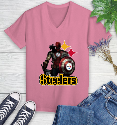 NFL Captain America Thor Spider Man Hawkeye Avengers Endgame Football Pittsburgh Steelers Women's V-Neck T-Shirt 13
