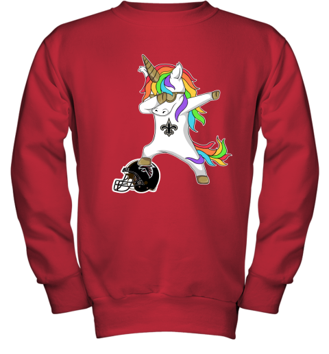 3agv football dabbing unicorn steps on helmet new orleans saints youth sweatshirt 47 front red