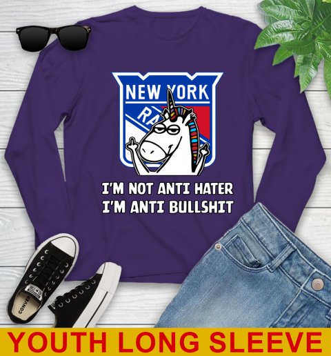 New York Rangers NHL Hockey Unicorn I'm Not Anti Hater I'm Anti Bullshit Youth Long Sleeve 5