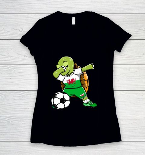 Dabbing Turtle Wales Soccer Fan Jersey Welsh Football Lovers Women's V-Neck T-Shirt