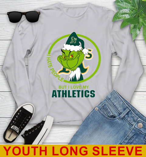 Oakland Athletics MLB Christmas Grinch I Hate People But I Love My Favorite Baseball Team Youth Long Sleeve 6