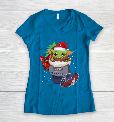 Houston Texans Christmas Baby Yoda Star Wars Funny Happy NFL Women's V-Neck T-Shirt 7