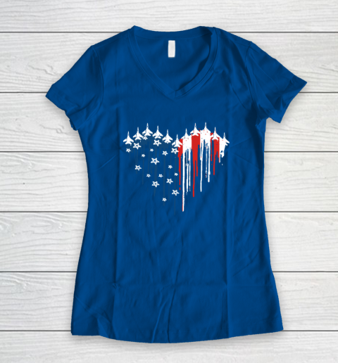 Retro Fighter Jet Airplane American Flag Heart 4th Of July Women's V-Neck T-Shirt 5