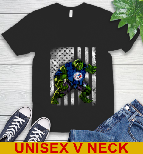 Toronto Blue Jays Hulk Marvel Avengers MLB Baseball American Flag V-Neck T-Shirt
