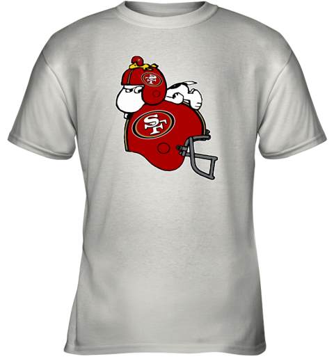 t8tt snoopy and woodstock resting on san francisco 49ers helmet youth t shirt 26 front white