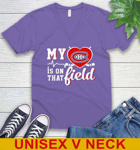 NHL My Heart Is On That Field Hockey Sports Montreal Canadiens V-Neck T-Shirt - Image 9