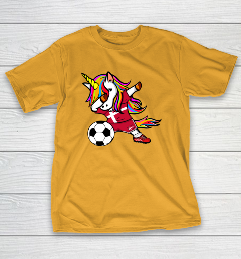 Funny Dabbing Unicorn Denmark Football Danish Flag Soccer T-Shirt 3