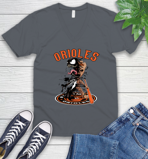 MLB Baltimore Orioles Baseball Venom Groot Guardians Of The Galaxy V-Neck T-Shirt 5