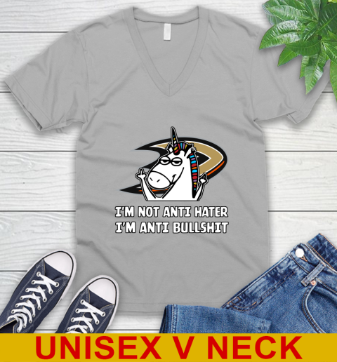 Anaheim Ducks NHL Hockey Unicorn I'm Not Anti Hater I'm Anti Bullshit V-Neck T-Shirt 4