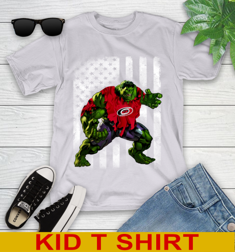 Carolina Hurricanes Hulk Marvel Avengers NHL Hockey American Flag Youth T-Shirt 4